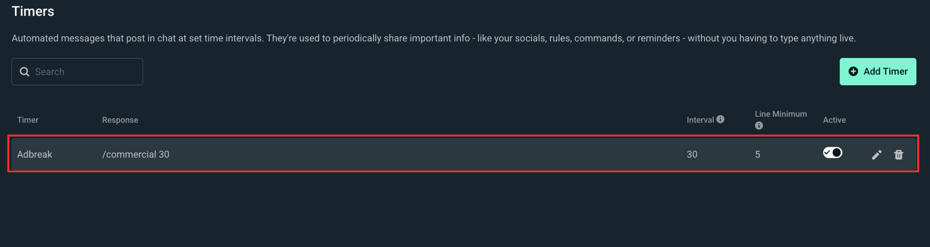 Ad break timer added to Cloudbot Timers section within the dashboard